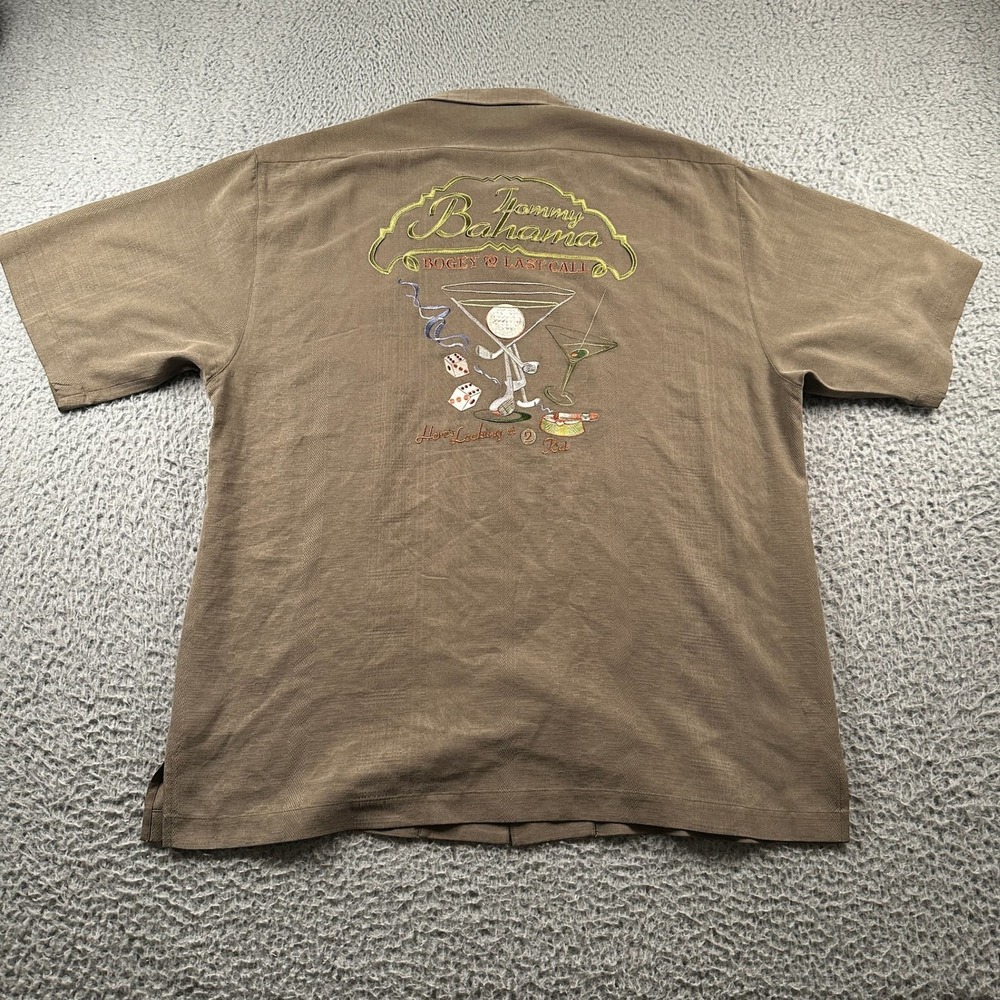 Tommy Bahama "Bogey & Last Call" Shirt Mens M Brown Silk‎ Embroidered Back Camp